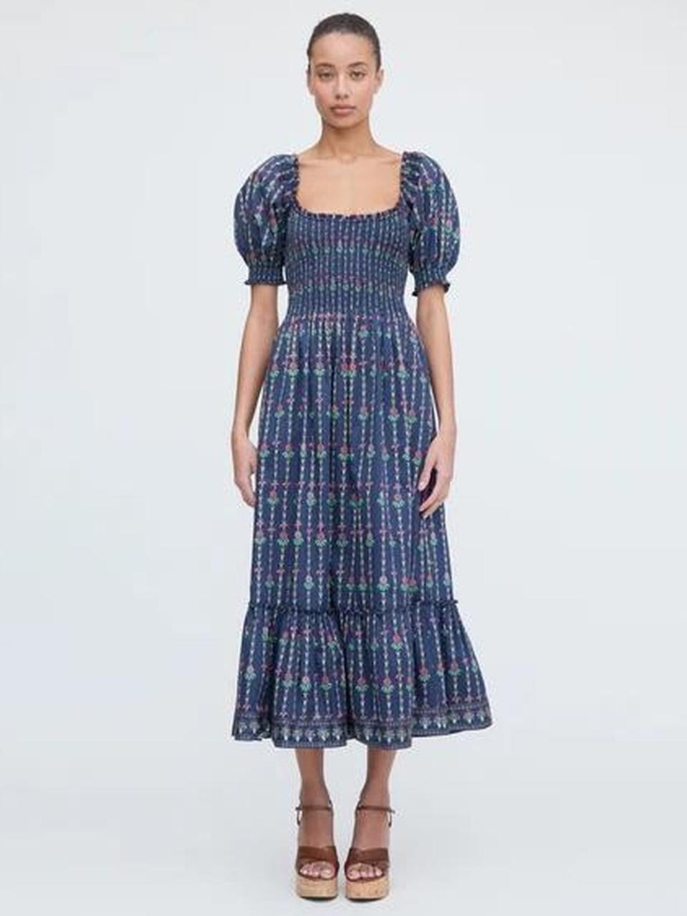 Hill House Navy Floral Smocked Midi Dress with Puff Sleeves